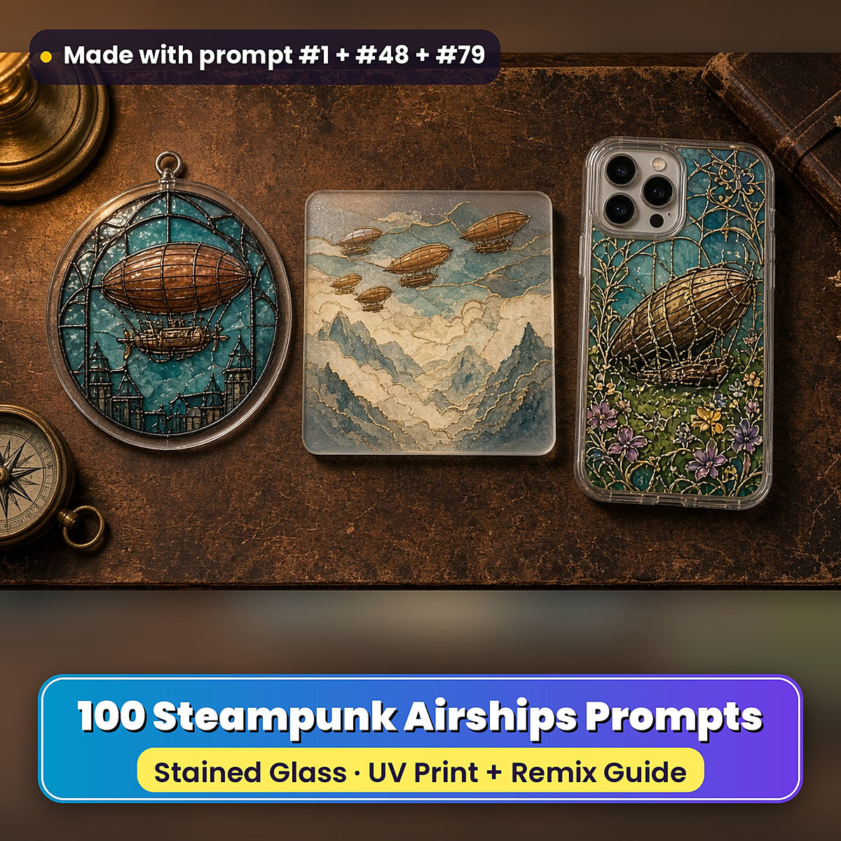 Steampunk Airships stained glass prompt pack: UV-printed suncatcher, coaster and phone case set mockup, made with prompt #1 + #48 + #79