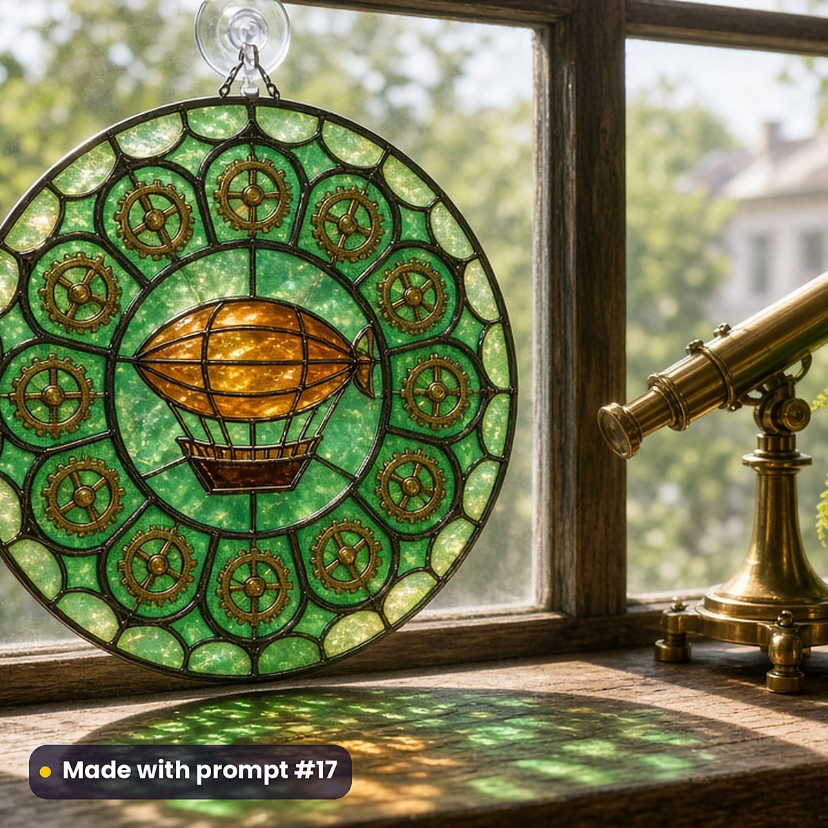 Steampunk Airships stained glass prompt pack: UV-printed acrylic suncatcher in a window mockup, made with prompt #17