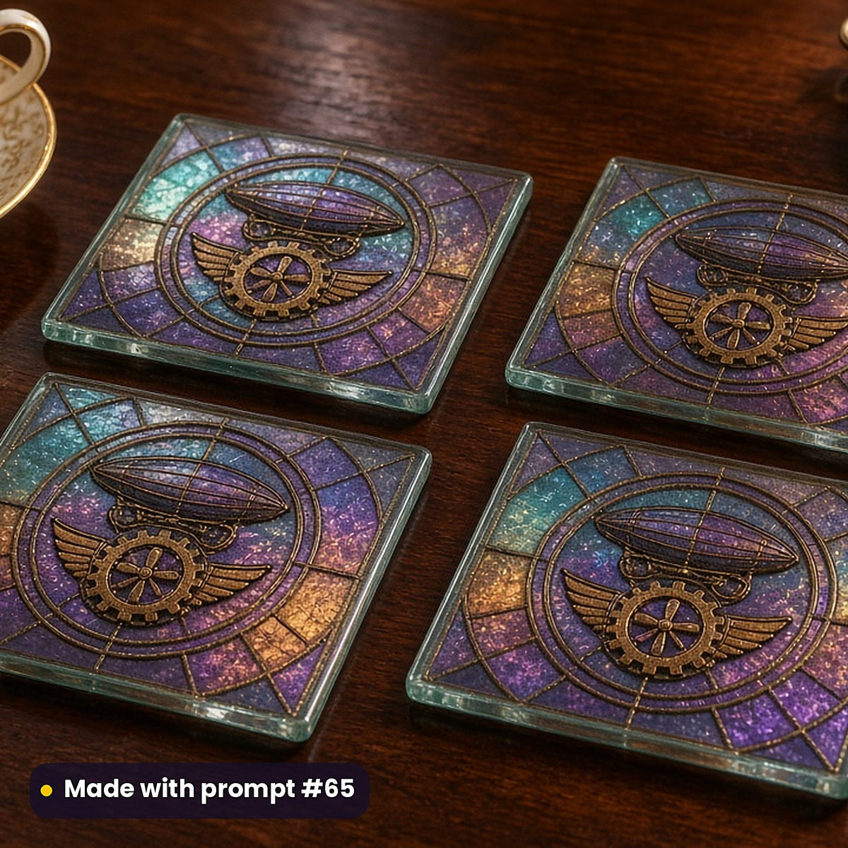 Steampunk Airships stained glass prompt pack: set of UV-printed glass coasters mockup, made with prompt #65