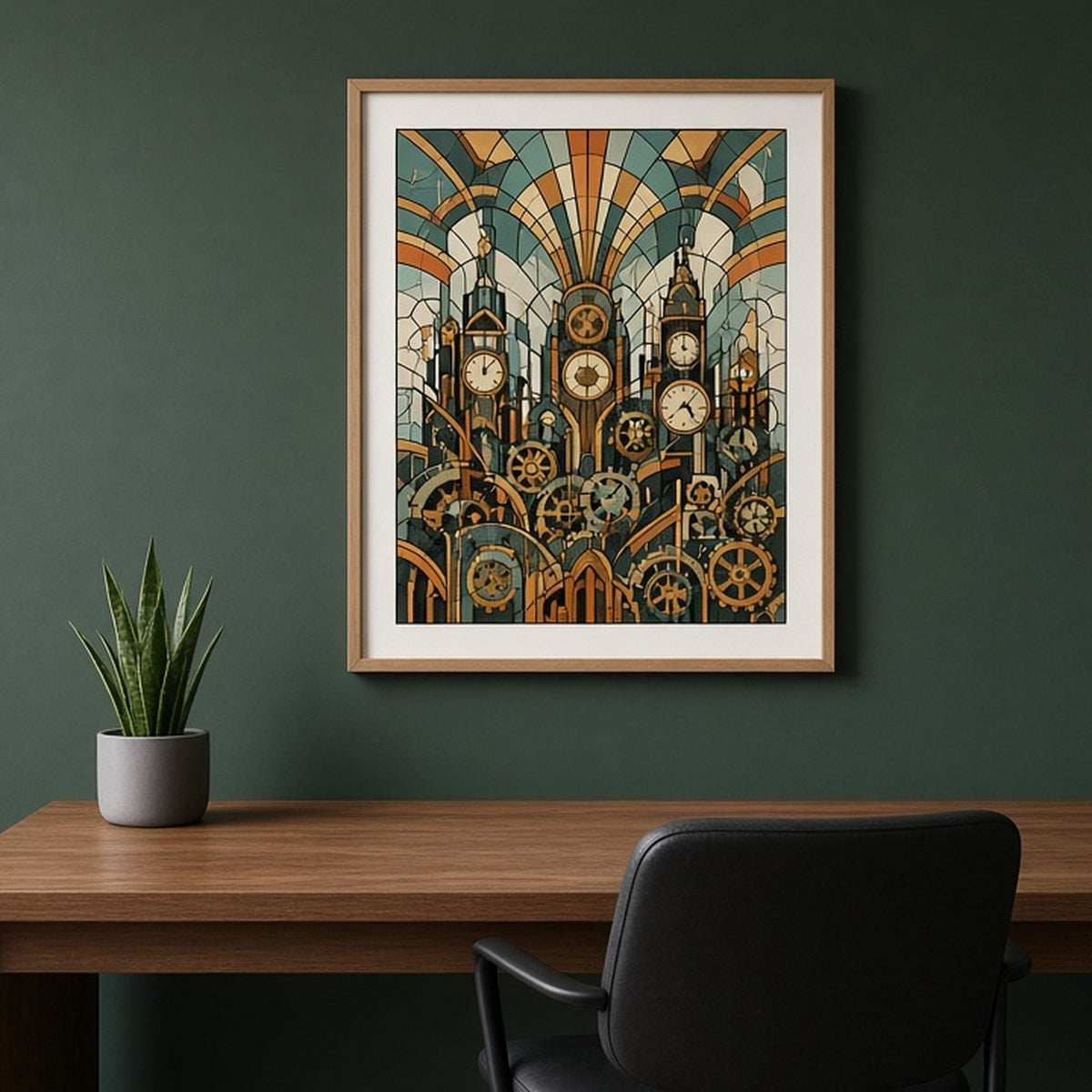 Clockwork city towers with gears in Art Deco stained-glass style shown as a flat framed print in a home office, made with prompt #9