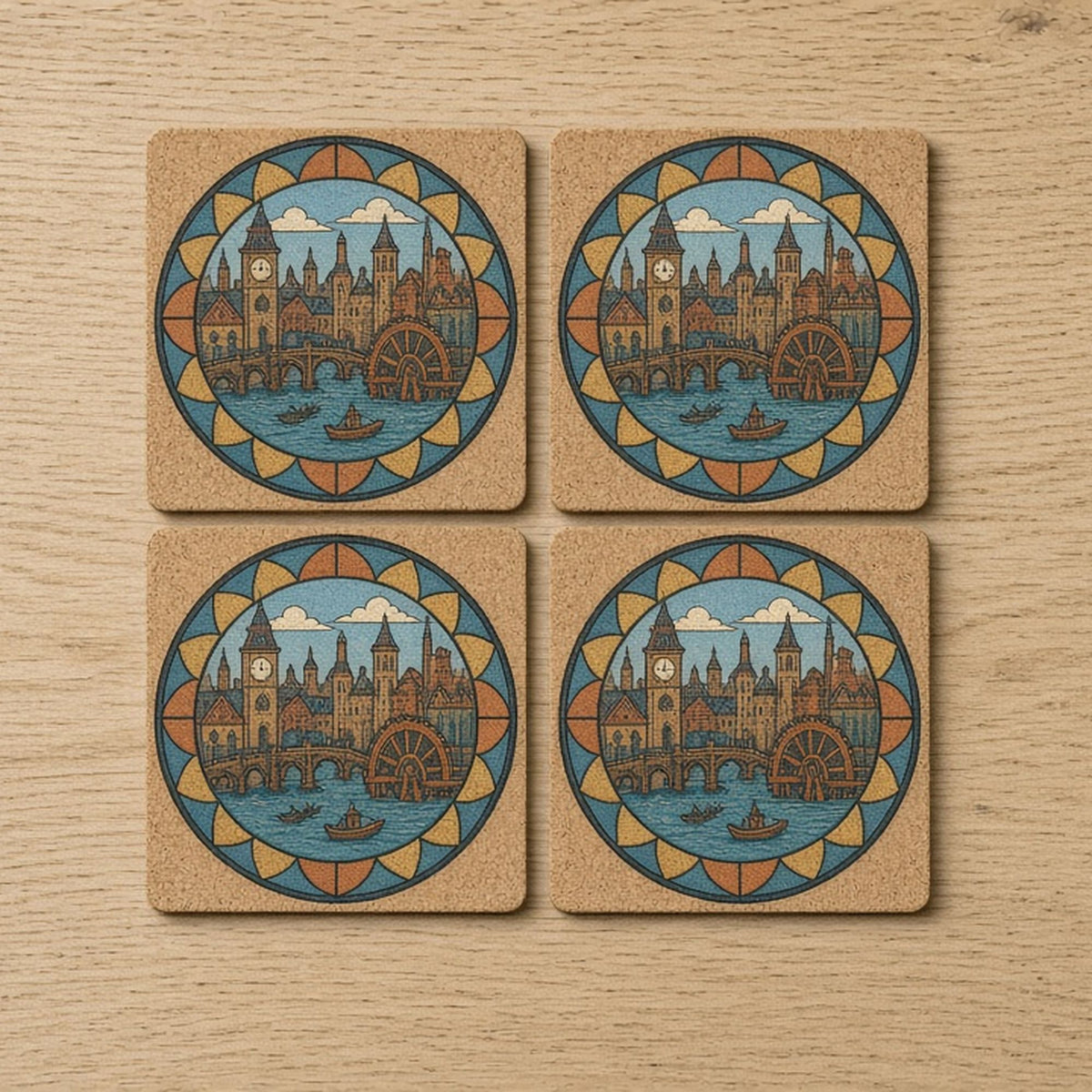 Rose-window clockwork river city with a water wheel printed flat on a set of four coasters, made with prompt #47
