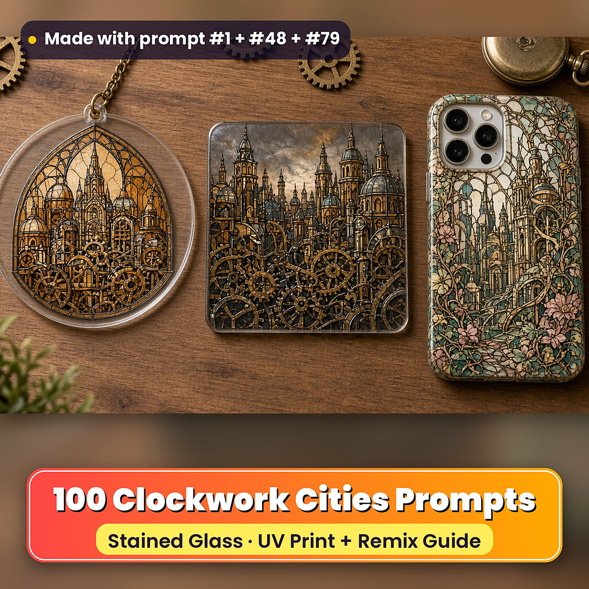 Clockwork Cities stained glass prompt pack: UV-printed suncatcher, coaster and phone case set mockup, made with prompt #1 + #48 + #79