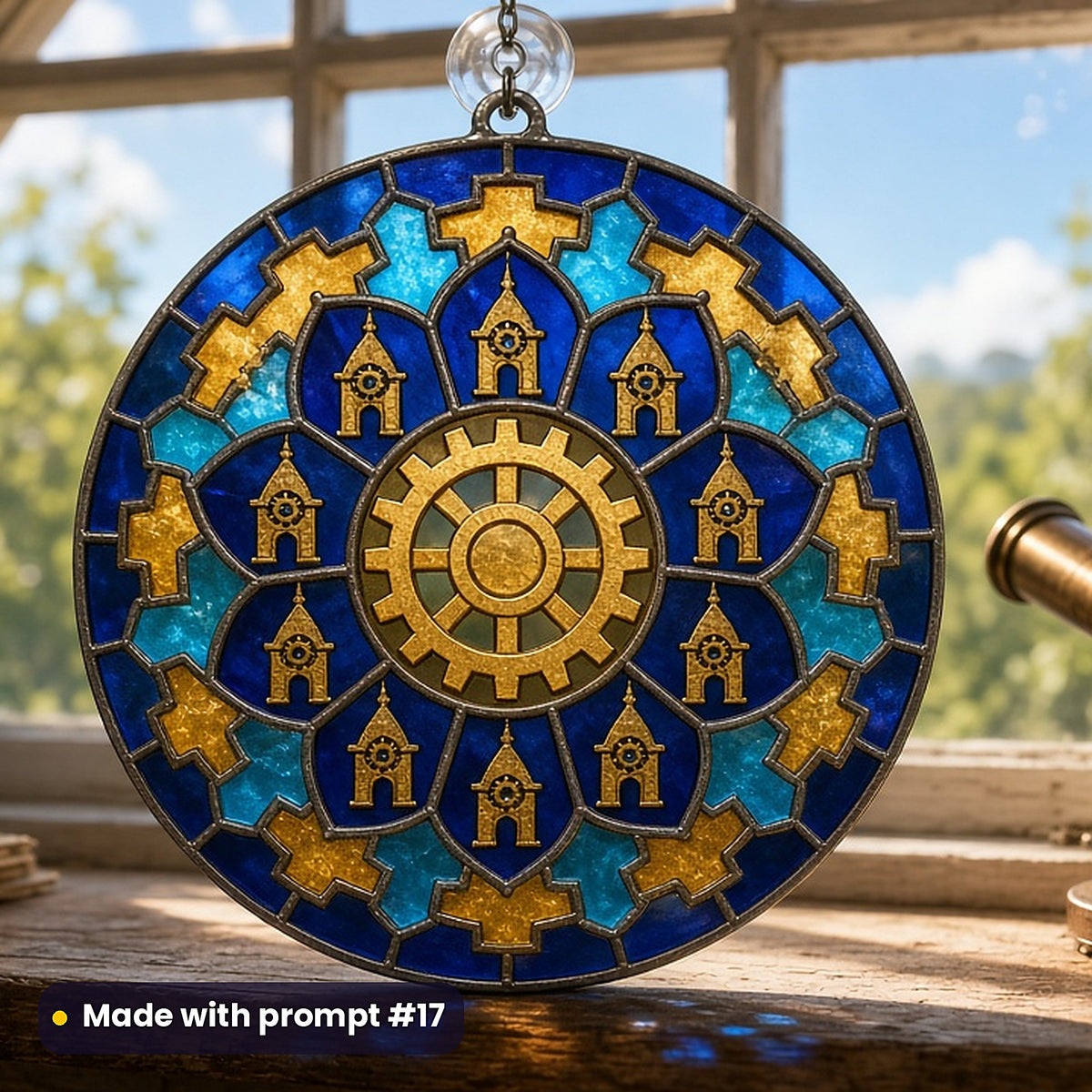 Clockwork Cities stained glass prompt pack: UV-printed acrylic suncatcher in a window mockup, made with prompt #17