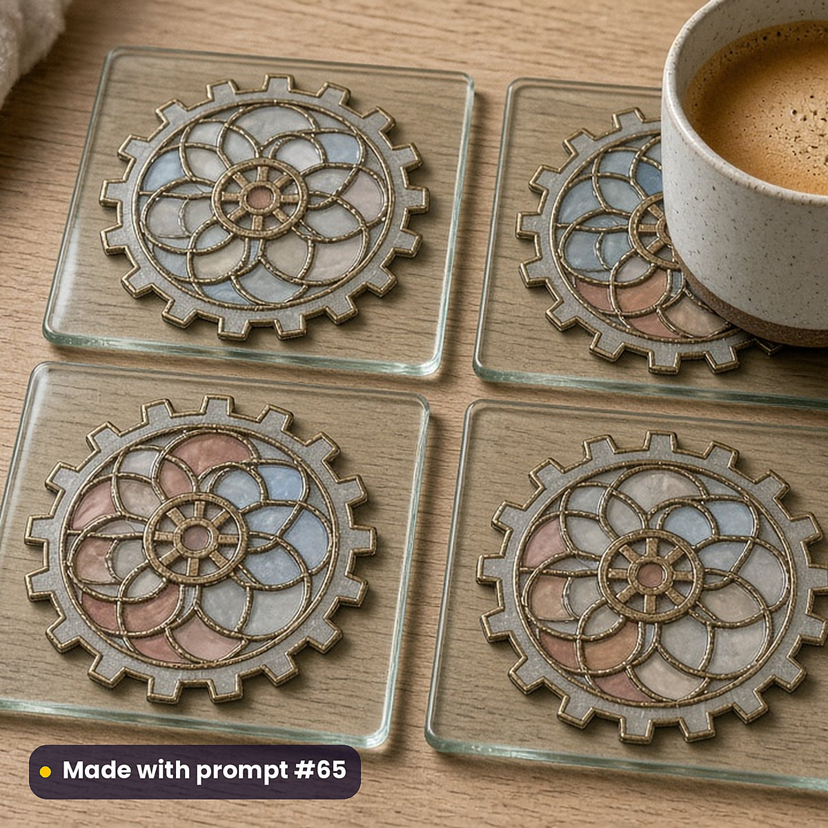 Clockwork Cities stained glass prompt pack: set of UV-printed glass coasters mockup, made with prompt #65