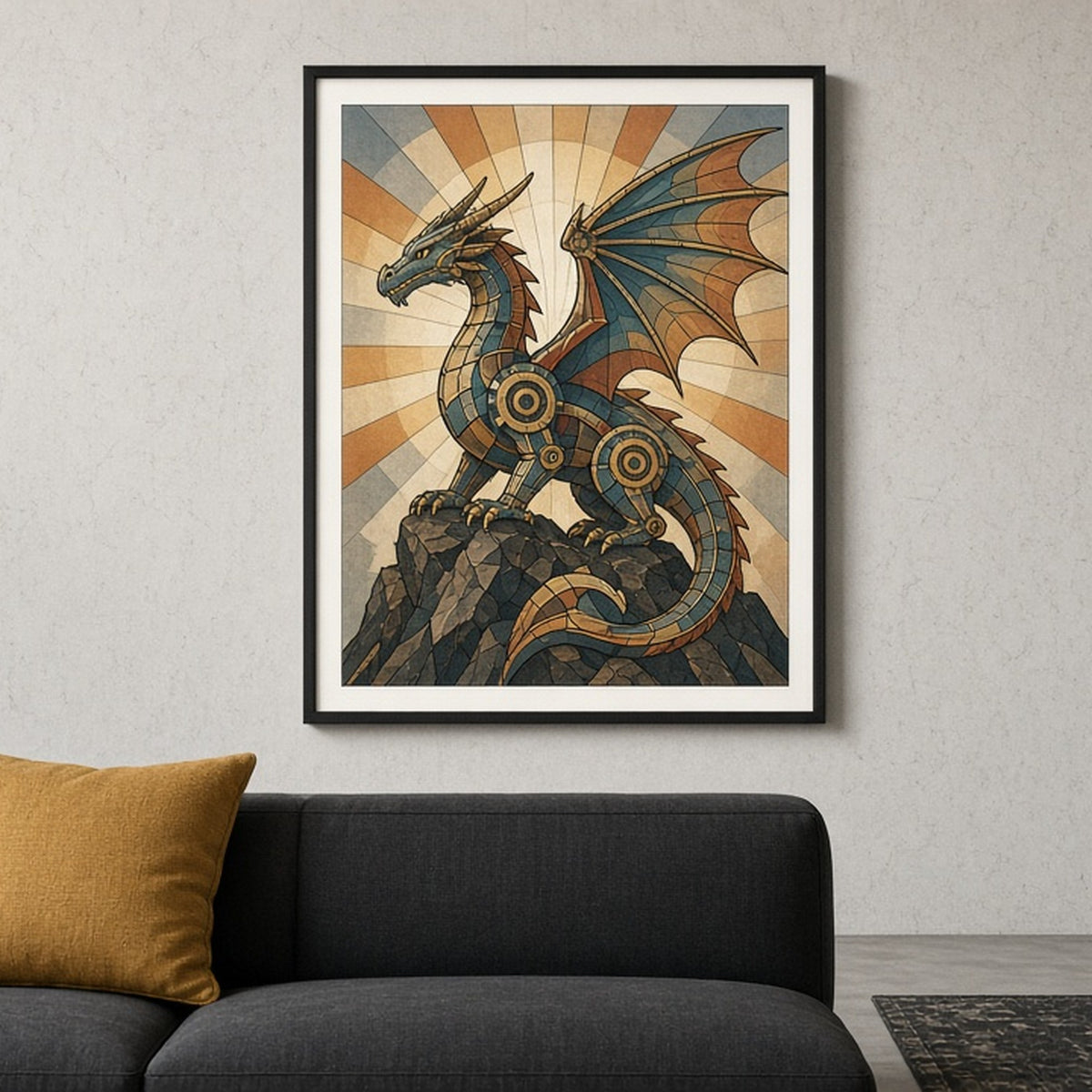 Mechanical dragon on a rocky crag in Art Deco stained-glass style shown as a flat framed print in an industrial living room, made with prompt #9