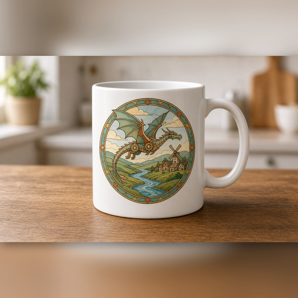 Rose-window landscape of a mechanical dragon flying over a windmill village printed flat on a white ceramic mug, made with prompt #47