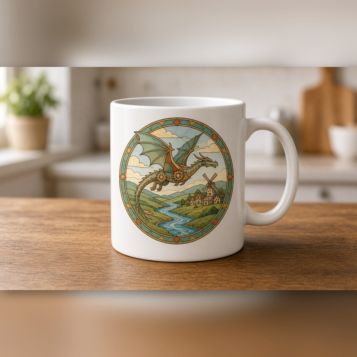 Rose-window landscape of a mechanical dragon flying over a windmill village printed flat on a white ceramic mug, made with prompt #47