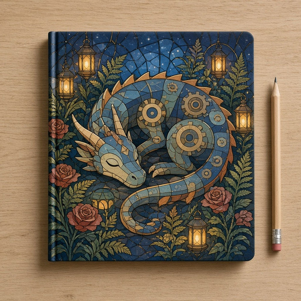 Arts and Crafts stained-glass mechanical dragon asleep among lanterns and roses printed flat on a hardcover notebook, made with prompt #84