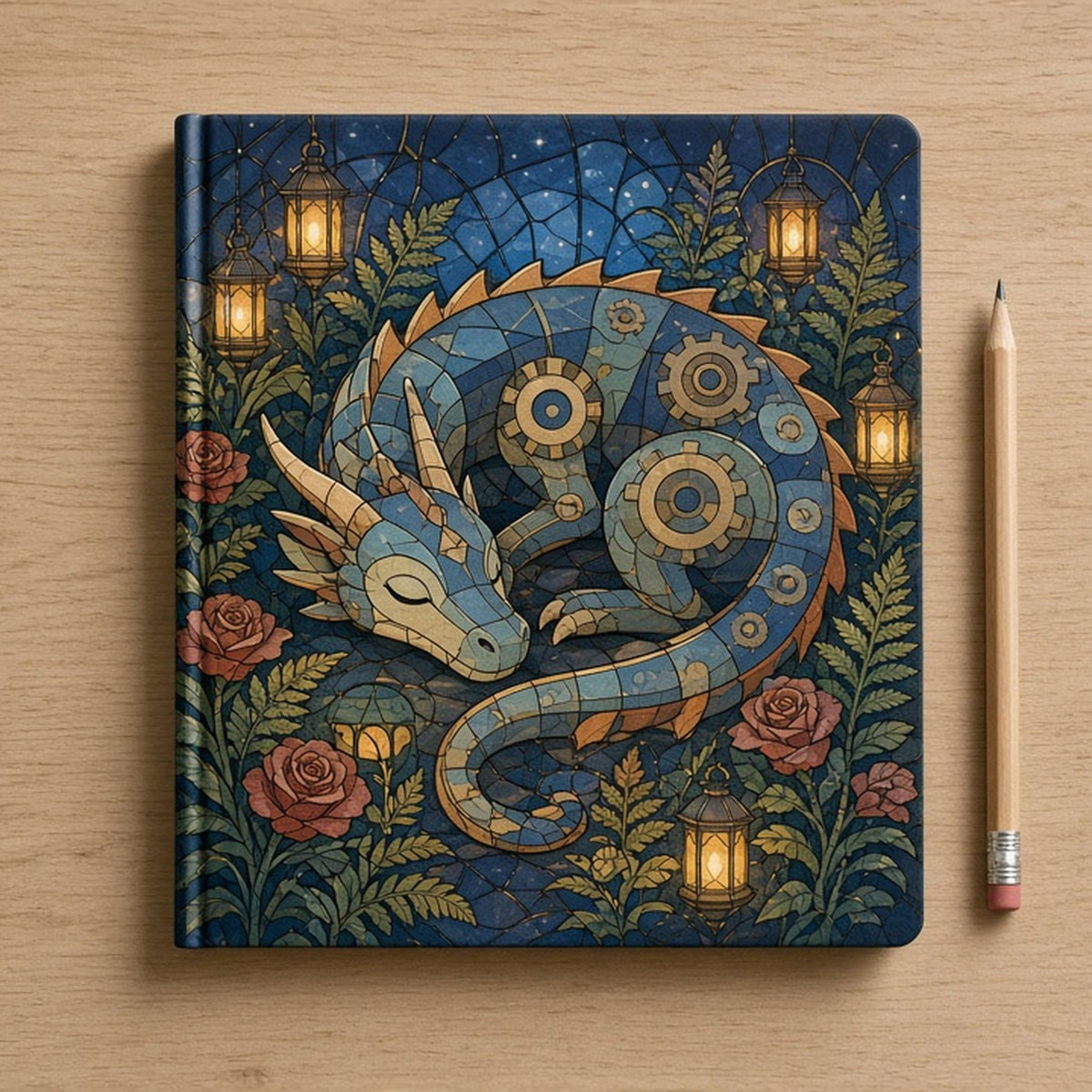 Arts and Crafts stained-glass mechanical dragon asleep among lanterns and roses printed flat on a hardcover notebook, made with prompt #84