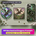 Mechanical Dragons stained glass prompt pack: UV-printed suncatcher, coaster and phone case set mockup, made with prompt #1 + #48 + #79