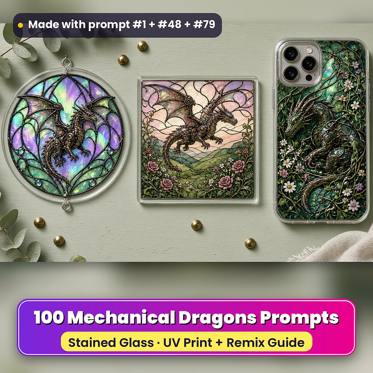 Mechanical Dragons stained glass prompt pack: UV-printed suncatcher, coaster and phone case set mockup, made with prompt #1 + #48 + #79