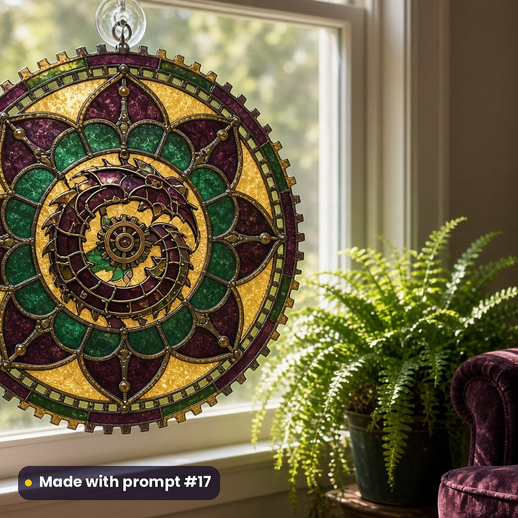 Mechanical Dragons stained glass prompt pack: UV-printed acrylic suncatcher in a window mockup, made with prompt #17