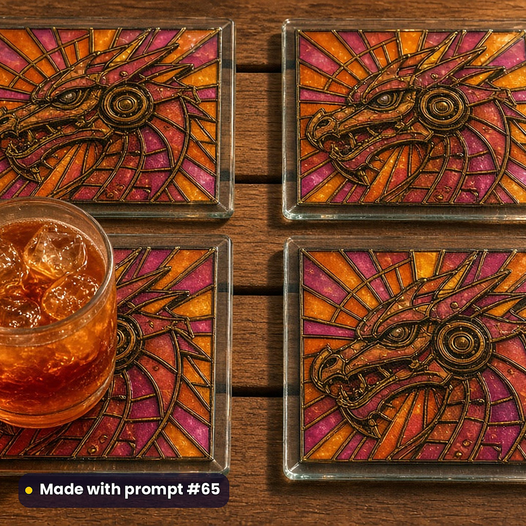 Mechanical Dragons stained glass prompt pack: set of UV-printed glass coasters mockup, made with prompt #65