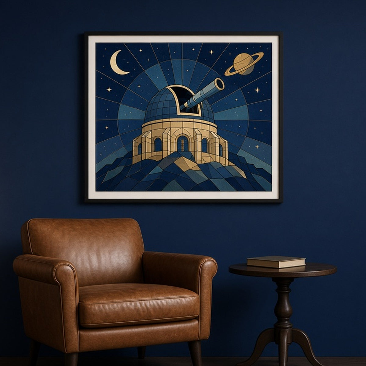 Domed observatory with a telescope under the stars in Art Deco stained-glass style shown as a flat framed print in a library room, made with prompt #9