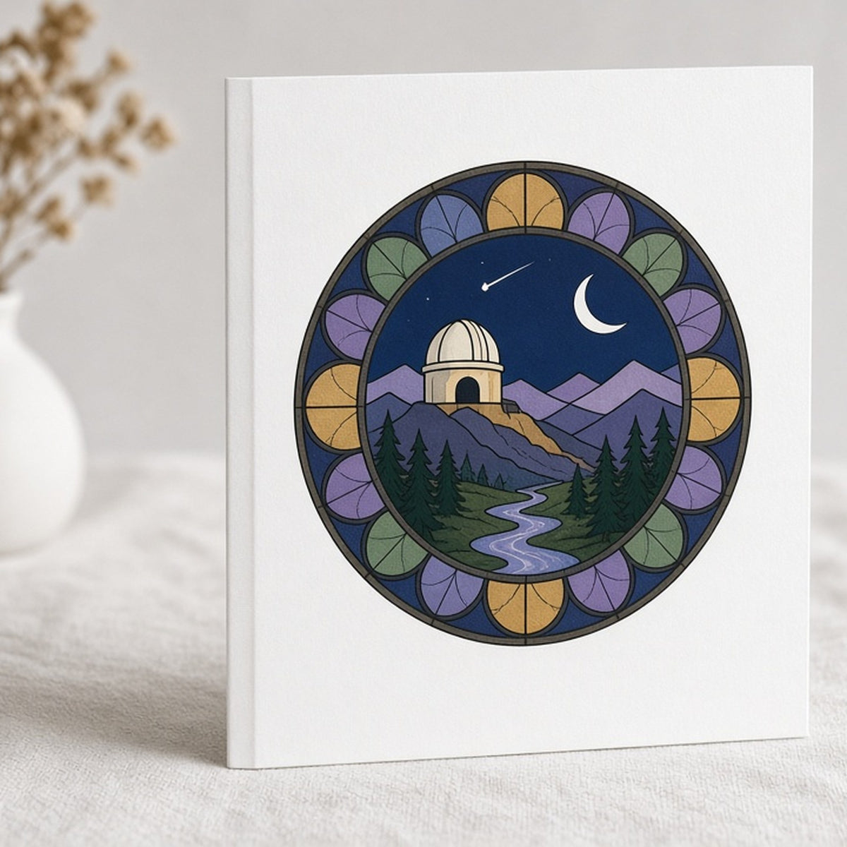 Rose-window mountain observatory above a moonlit valley printed flat on a greeting card, made with prompt #47