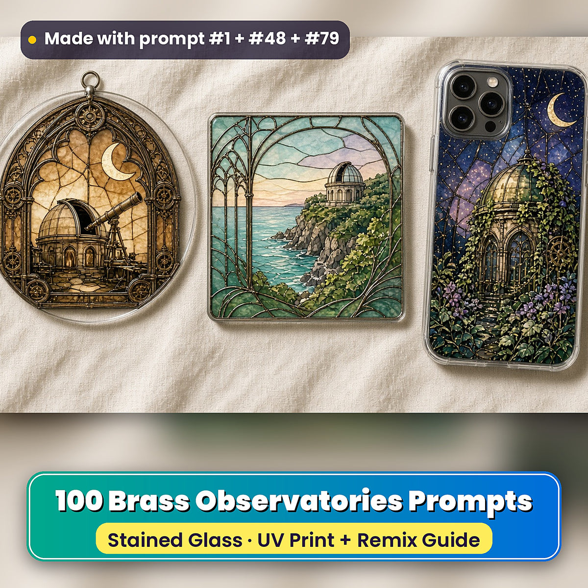 Brass Observatories stained glass prompt pack: UV-printed suncatcher, coaster and phone case set mockup, made with prompt #1 + #48 + #79