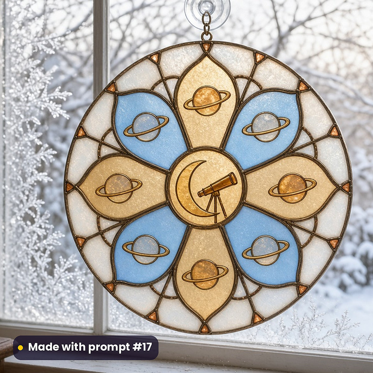 Brass Observatories stained glass prompt pack: UV-printed acrylic suncatcher in a window mockup, made with prompt #17