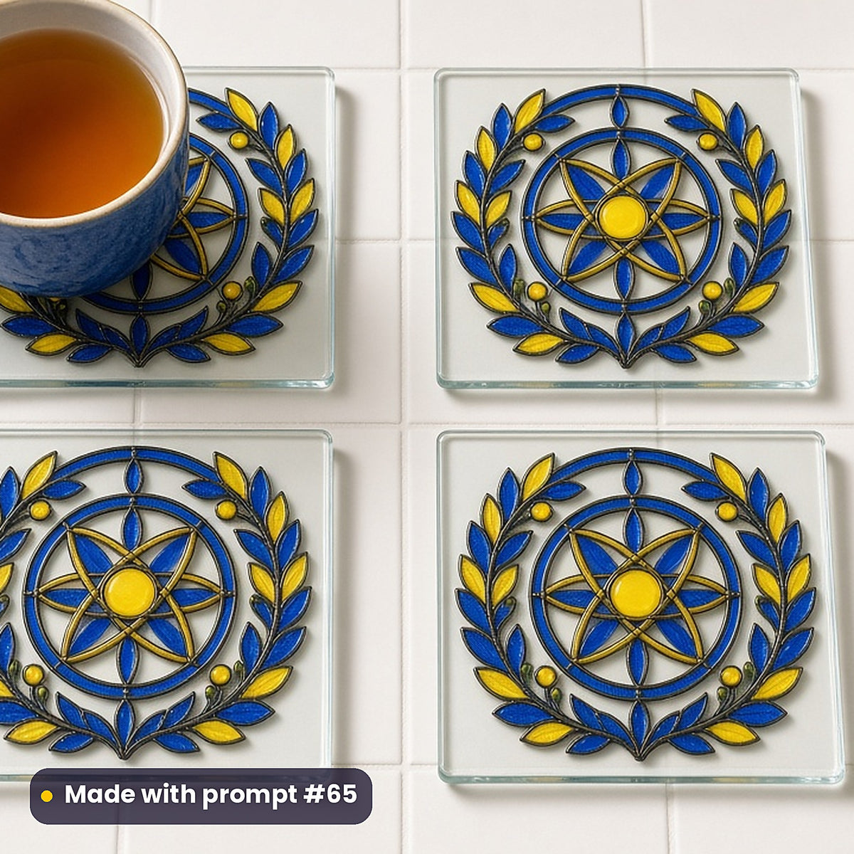 Brass Observatories stained glass prompt pack: set of UV-printed glass coasters mockup, made with prompt #65