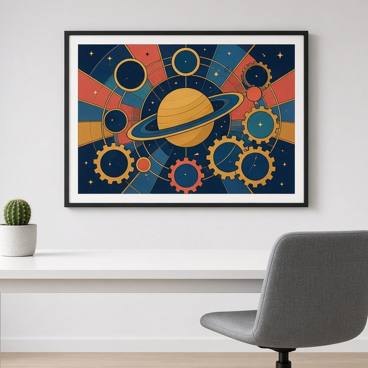 Gear-driven ringed planet system in Art Deco stained-glass style shown as a flat framed print in a study, made with prompt #9