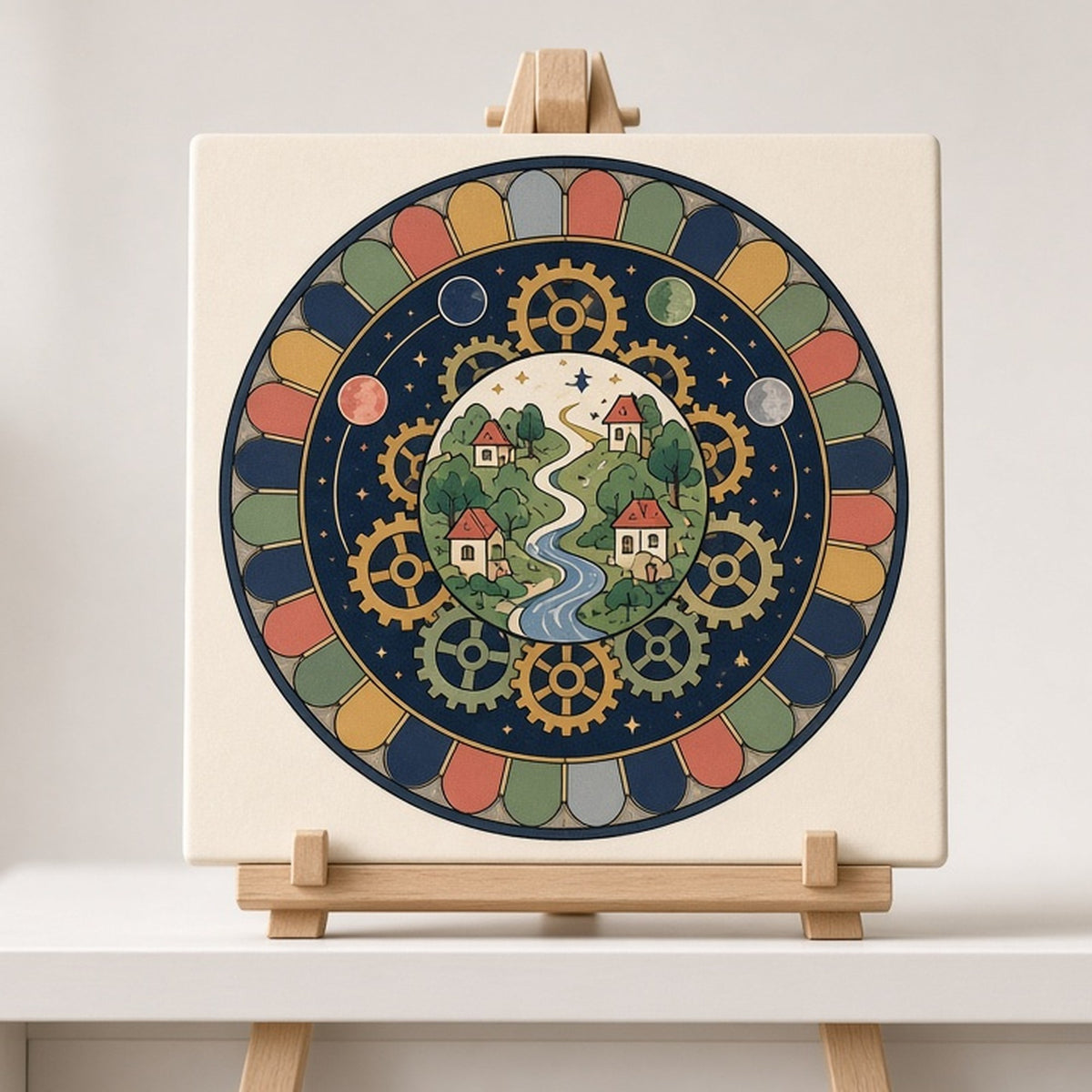 Rose-window gear-ringed little planet with cottages and a river printed flat on a ceramic tile on an easel, made with prompt #47