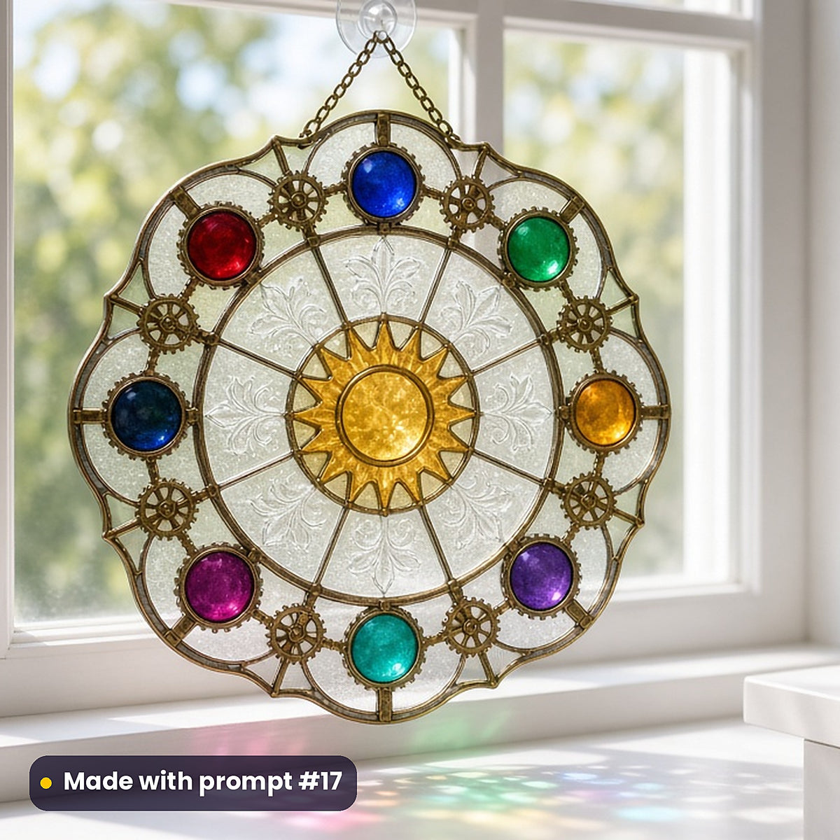 Gear-Driven Planets stained glass prompt pack: UV-printed acrylic suncatcher in a window mockup, made with prompt #17