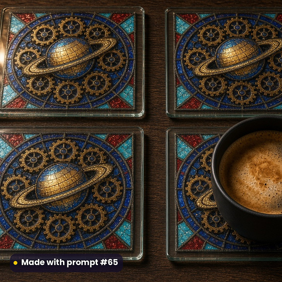 Gear-Driven Planets stained glass prompt pack: set of UV-printed glass coasters mockup, made with prompt #65
