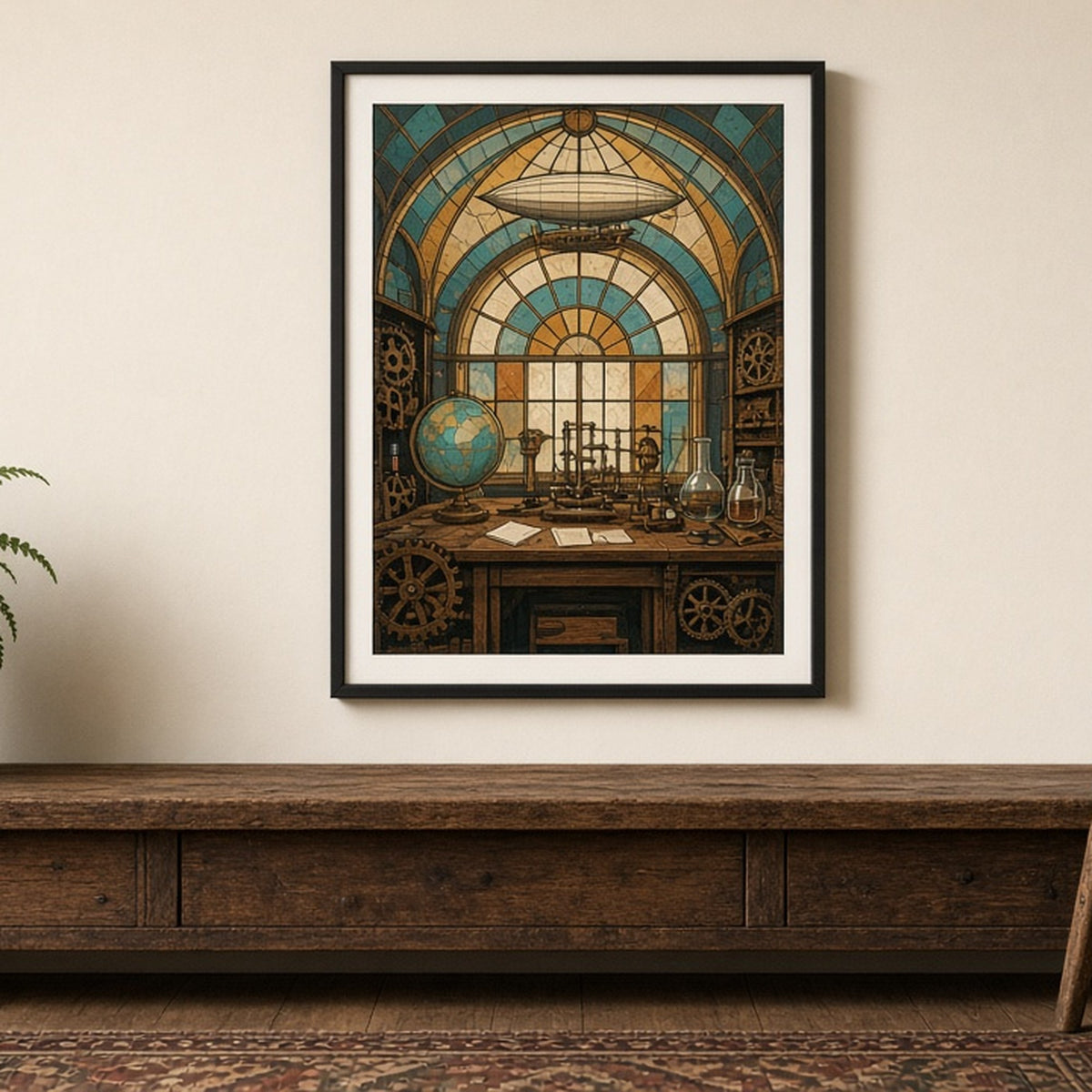 Victorian inventor's workshop with a globe and model airship in Art Deco stained-glass style shown as a flat framed print in a living room, made with prompt #9