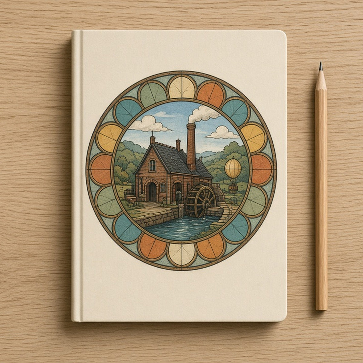 Rose-window canal-side inventor's workshop with a waterwheel printed flat on a hardcover notebook, made with prompt #47