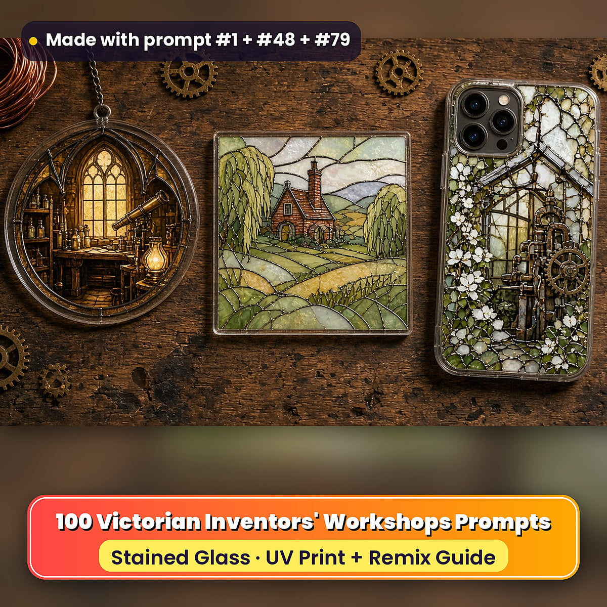 Victorian Inventors' Workshops stained glass prompt pack: UV-printed suncatcher, coaster and phone case set mockup, made with prompt #1 + #48 + #79