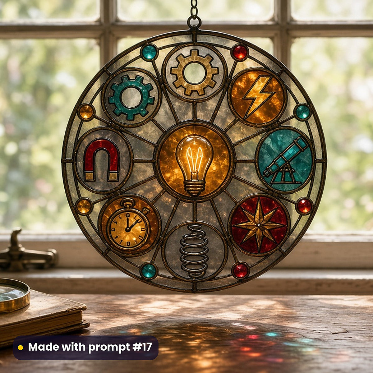 Victorian Inventors' Workshops stained glass prompt pack: UV-printed acrylic suncatcher in a window mockup, made with prompt #17