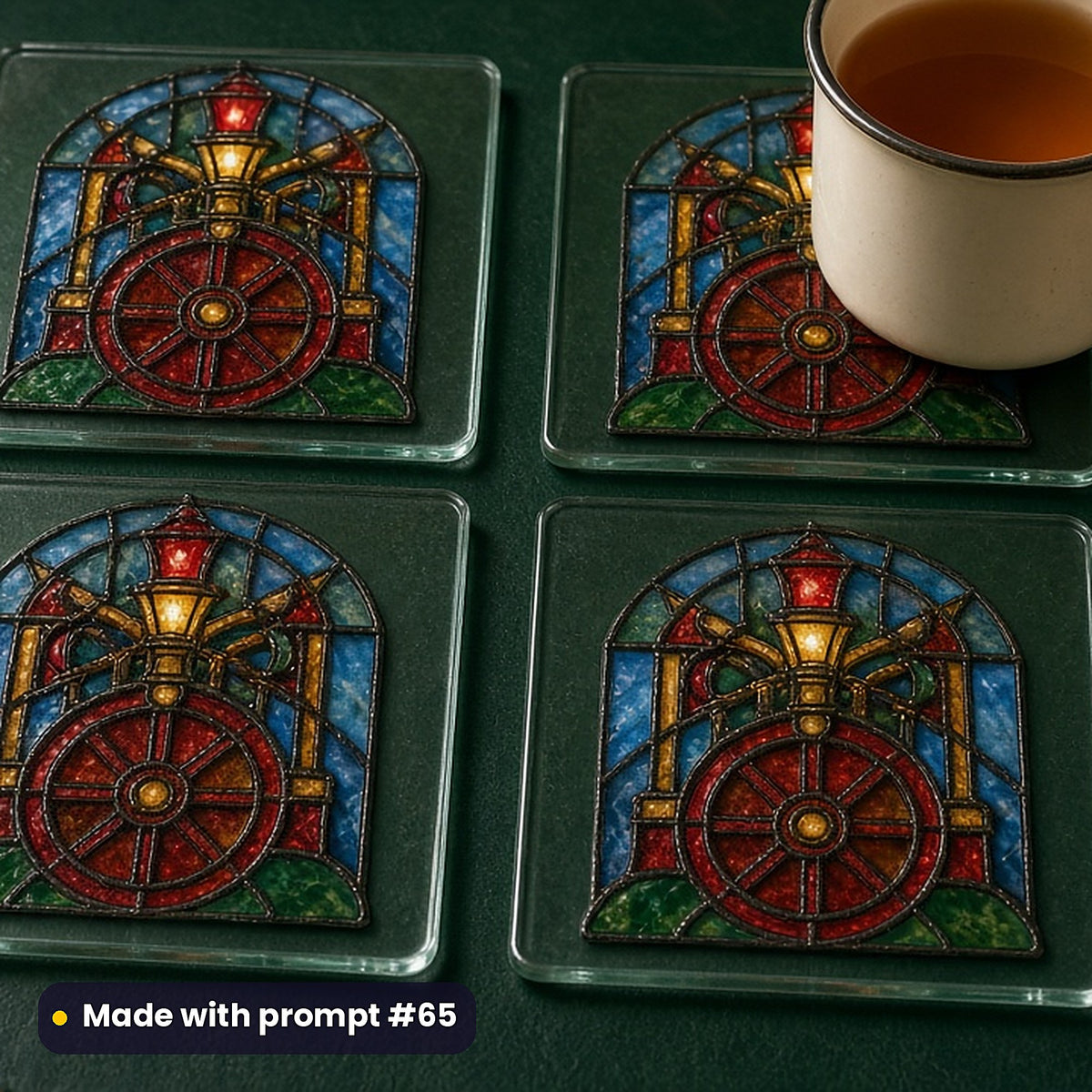 Victorian Inventors' Workshops stained glass prompt pack: set of UV-printed glass coasters mockup, made with prompt #65