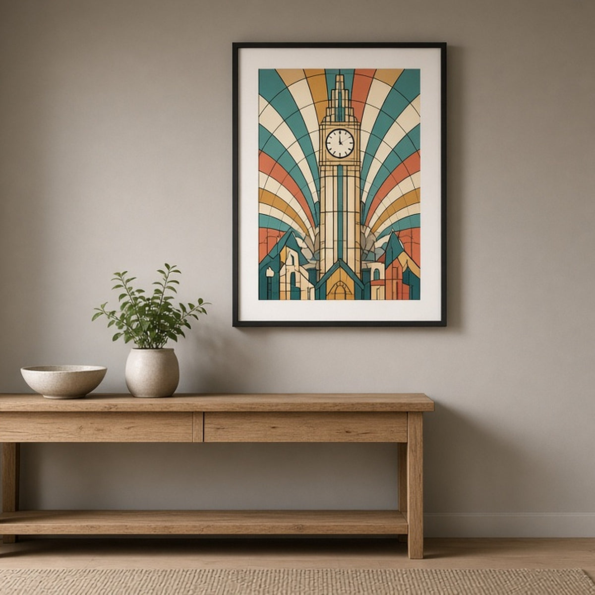 Invented Art Deco clock tower above rooftops in stained-glass style shown as a flat framed print in a hallway, made with prompt #9