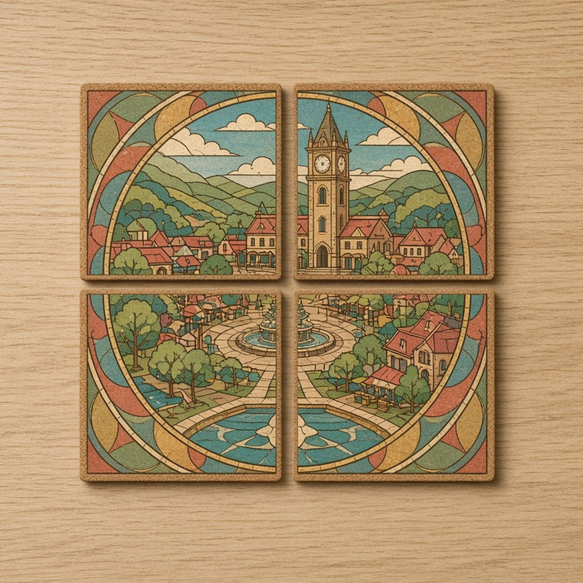 Rose-window market square with a village clock tower and fountain printed flat on a set of four coasters, made with prompt #47