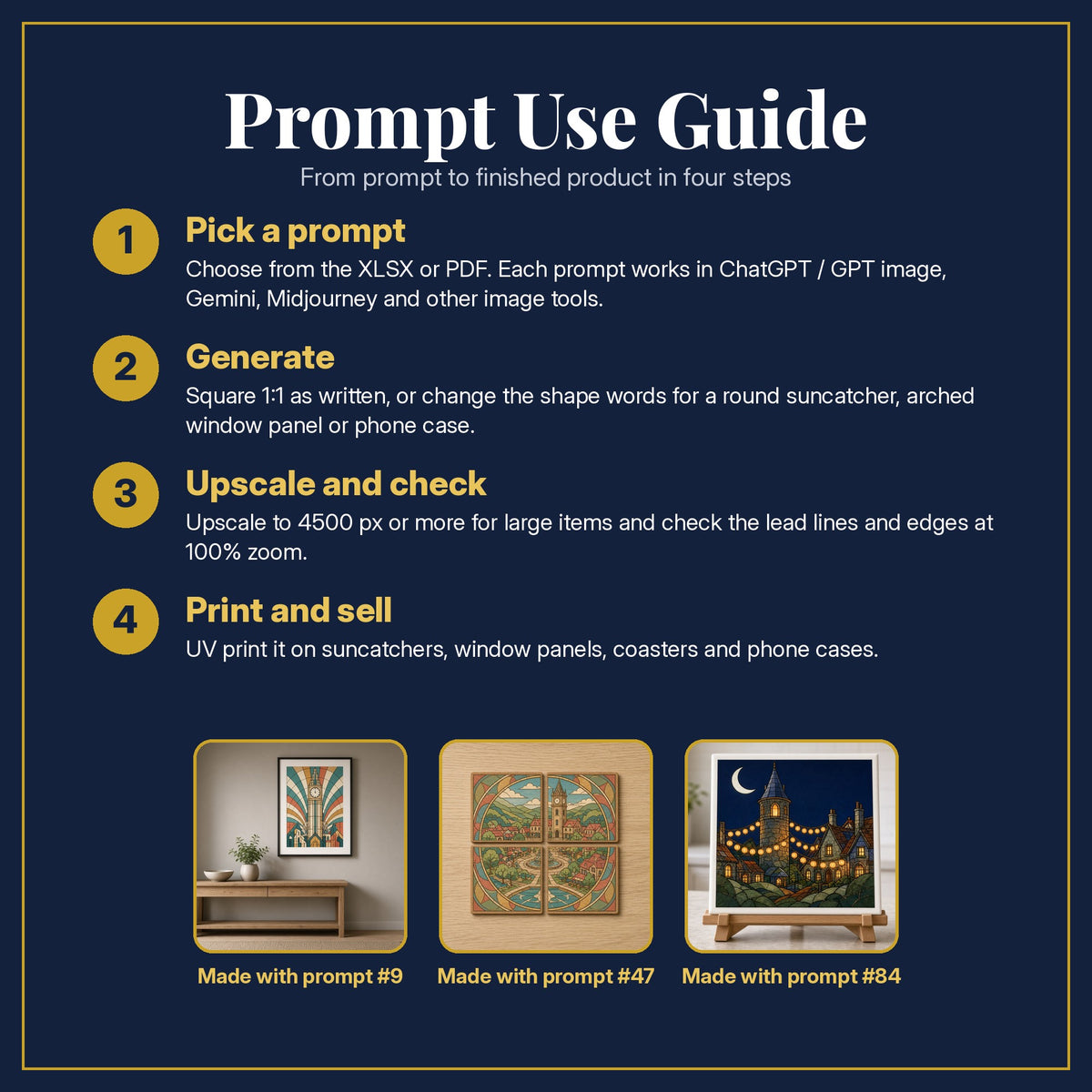 Prompt Use Guide for the Clock Towers Stained Glass Prompt Pack: pick a prompt, generate, upscale and check, print and sell, with sample products made with the pack's prompts
