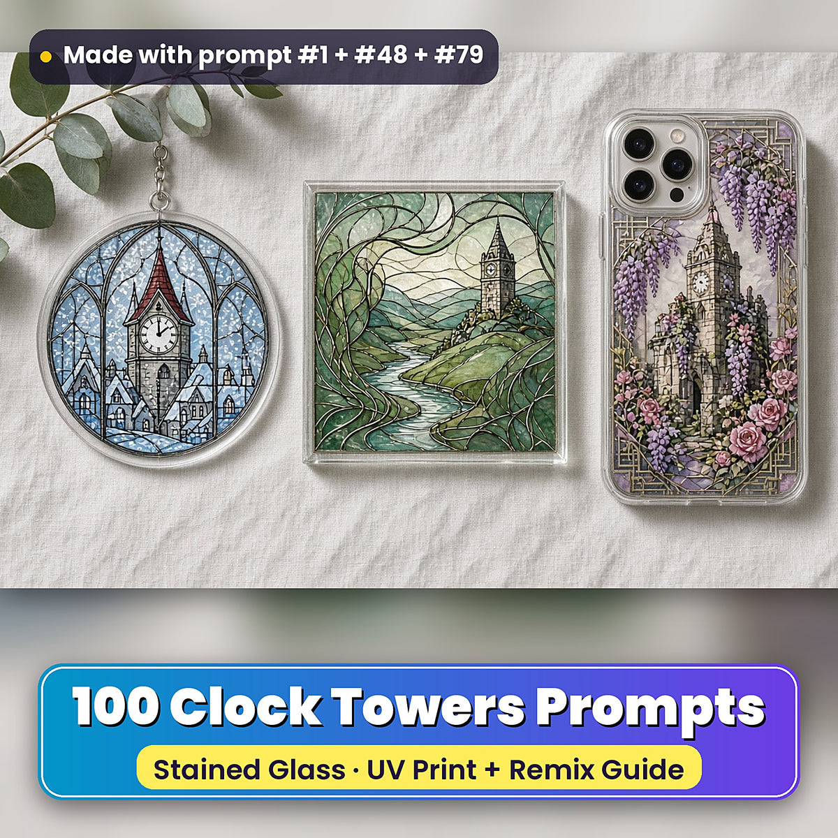 Clock Towers stained glass prompt pack: UV-printed suncatcher, coaster and phone case set mockup, made with prompt #1 + #48 + #79