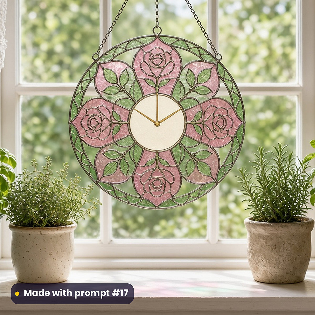 Clock Towers stained glass prompt pack: UV-printed acrylic suncatcher in a window mockup, made with prompt #17