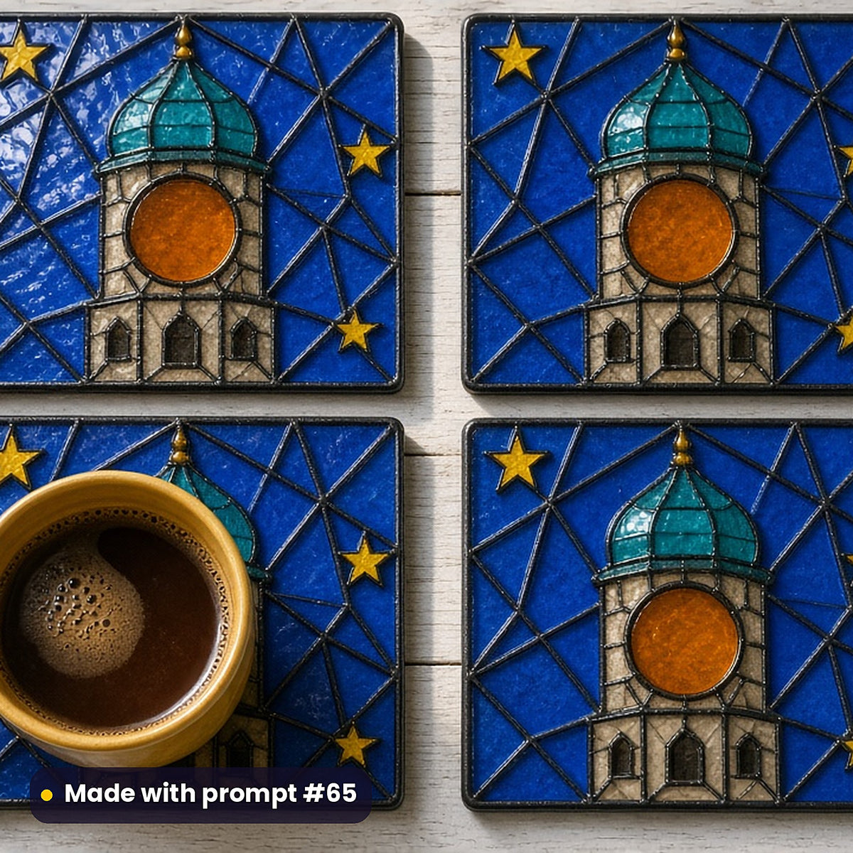 Clock Towers stained glass prompt pack: set of UV-printed glass coasters mockup, made with prompt #65