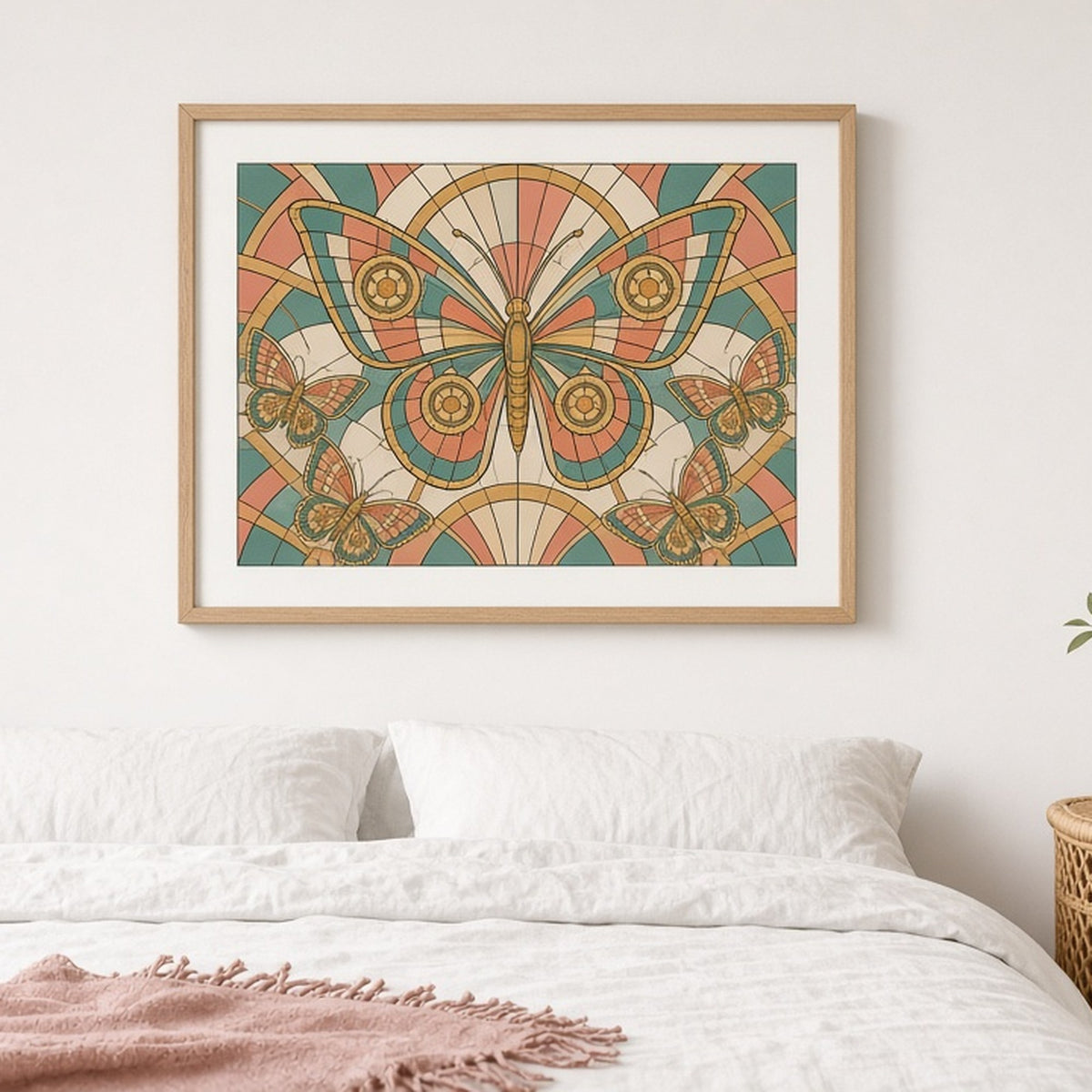 Mechanical butterfly with gear details in Art Deco stained-glass style shown as a flat framed print in a bedroom, made with prompt #9