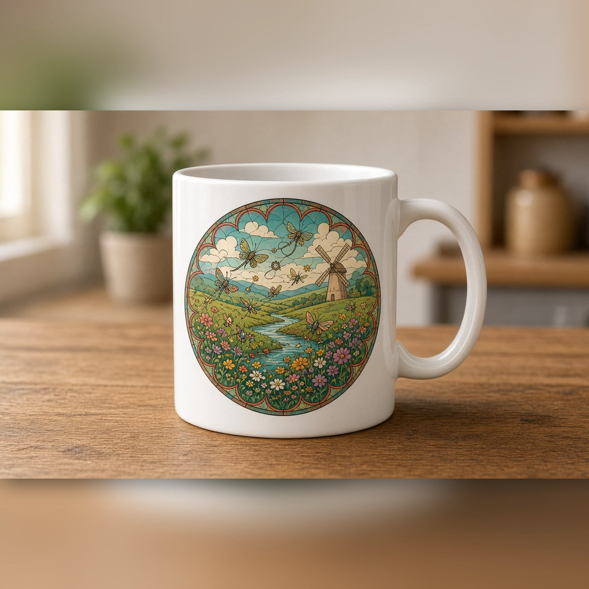 Rose-window meadow with mechanical butterflies and a windmill printed flat on a white ceramic mug, made with prompt #47
