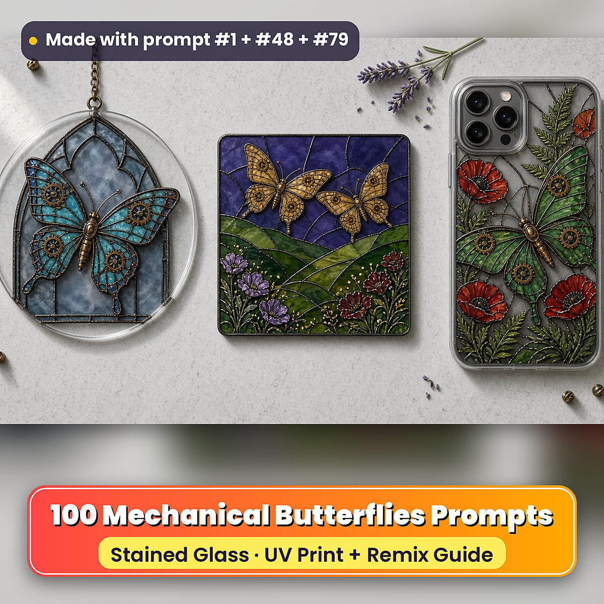 Mechanical Butterflies stained glass prompt pack: UV-printed suncatcher, coaster and phone case set mockup, made with prompt #1 + #48 + #79