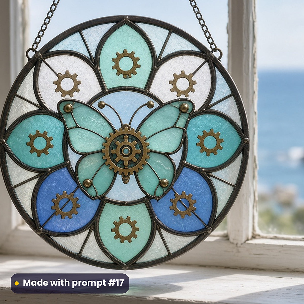 Mechanical Butterflies stained glass prompt pack: UV-printed acrylic suncatcher in a window mockup, made with prompt #17