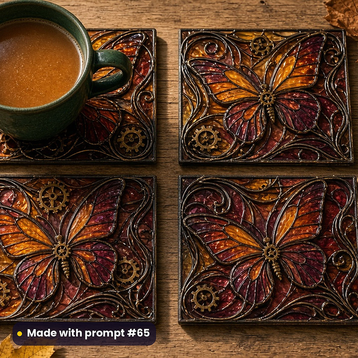 Mechanical Butterflies stained glass prompt pack: set of UV-printed glass coasters mockup, made with prompt #65