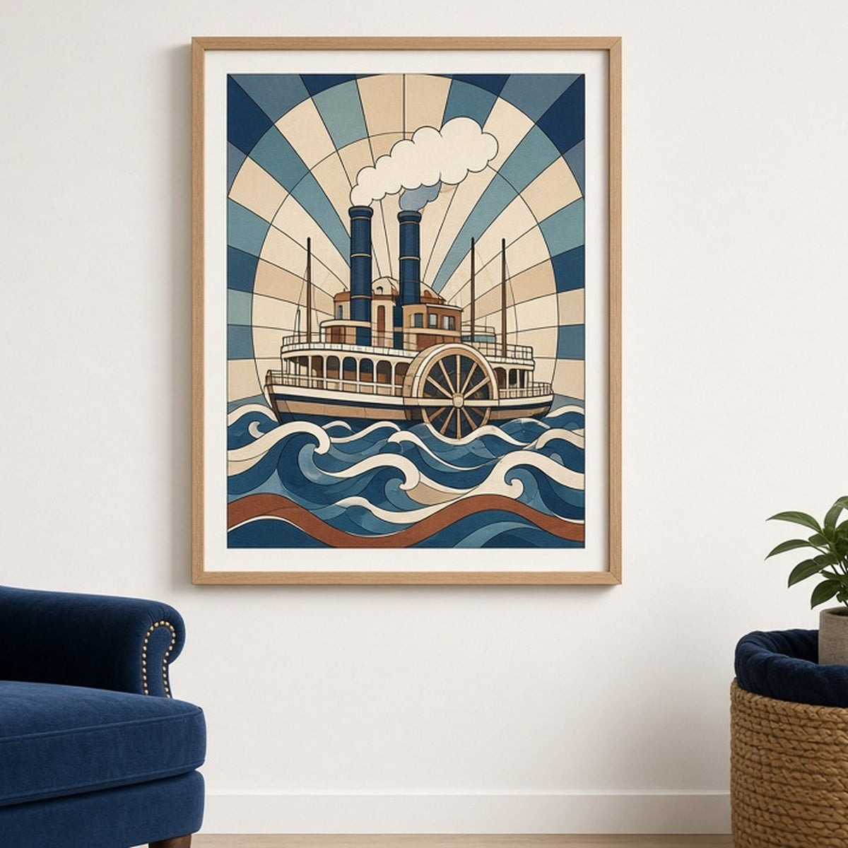 Steam paddle ship on curling waves in Art Deco stained-glass style shown as a flat framed print in a nautical study, made with prompt #9