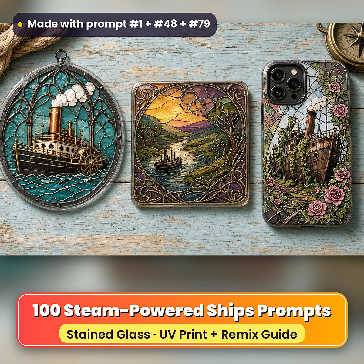 Steam-Powered Ships stained glass prompt pack: UV-printed suncatcher, coaster and phone case set mockup, made with prompt #1 + #48 + #79