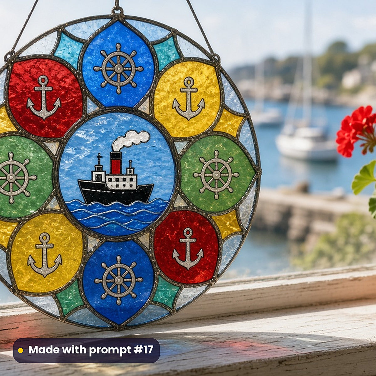 Steam-Powered Ships stained glass prompt pack: UV-printed acrylic suncatcher in a window mockup, made with prompt #17