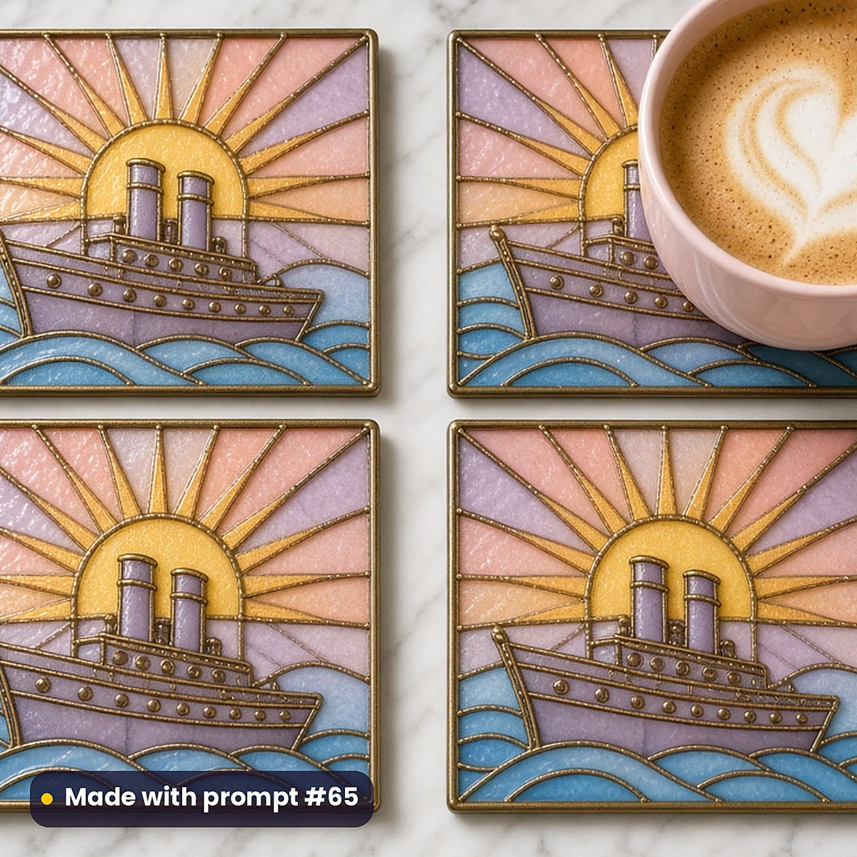 Steam-Powered Ships stained glass prompt pack: set of UV-printed glass coasters mockup, made with prompt #65