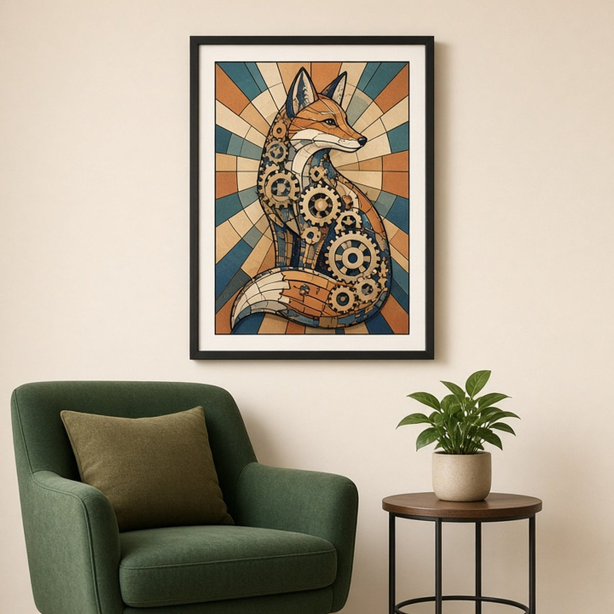 Clockwork fox with gear details in Art Deco stained-glass style shown as a flat framed print in a reading nook, made with prompt #9