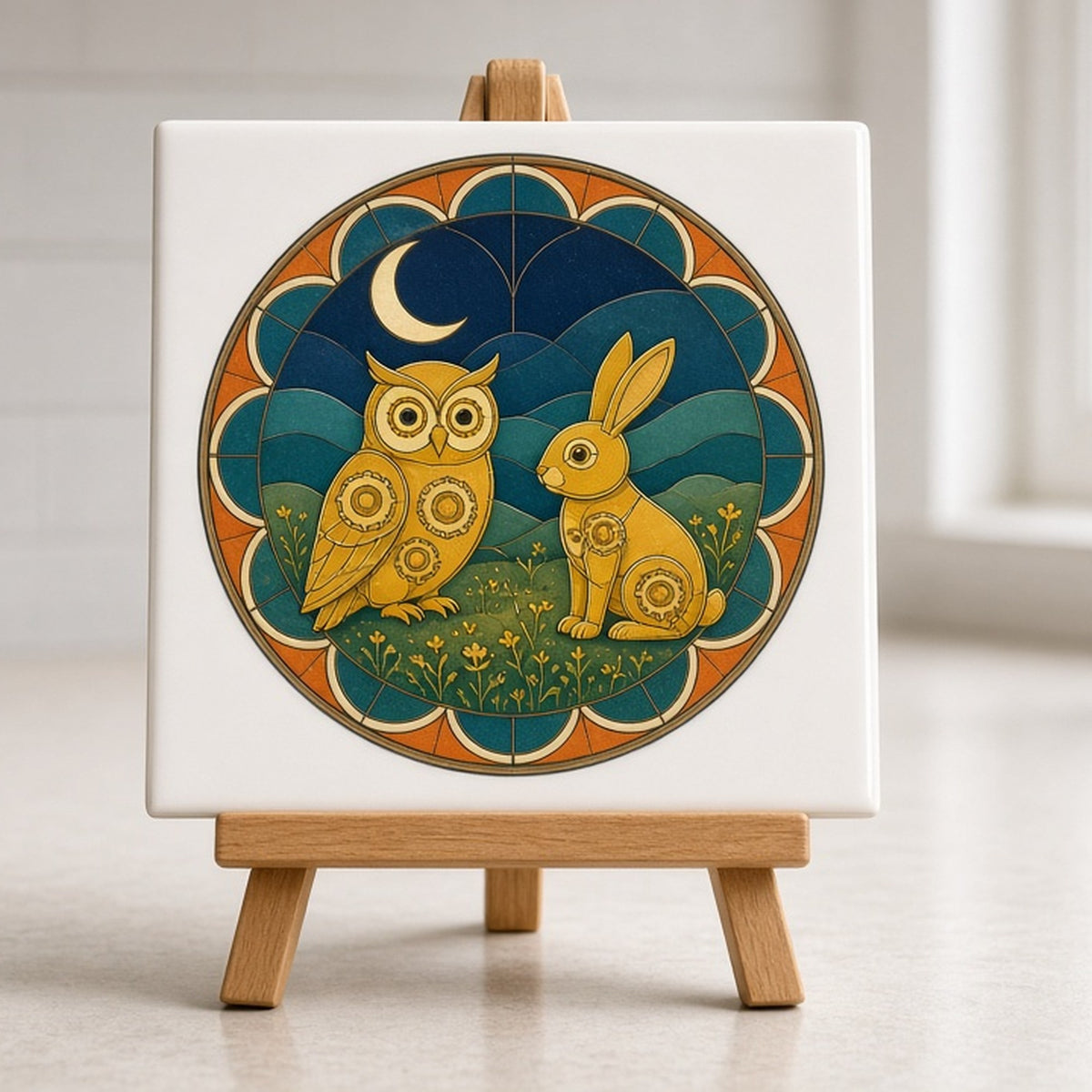 Rose-window scene of a clockwork owl and rabbit under a crescent moon printed flat on a ceramic tile, made with prompt #47