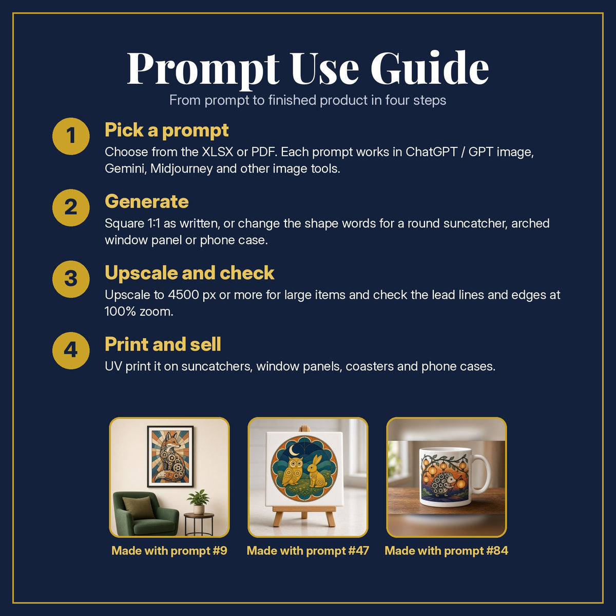 Prompt Use Guide for the Clockwork Animals Stained Glass Prompt Pack: pick a prompt, generate, upscale and check, print and sell, with sample products made with the pack's prompts