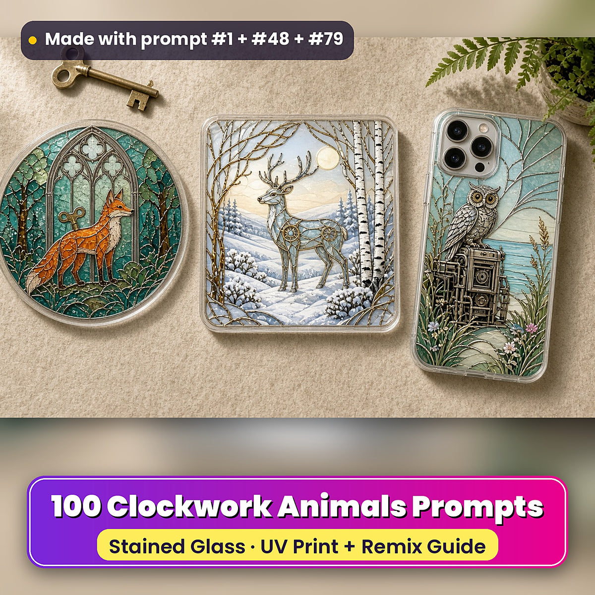 Clockwork Animals stained glass prompt pack: UV-printed suncatcher, coaster and phone case set mockup, made with prompt #1 + #48 + #79